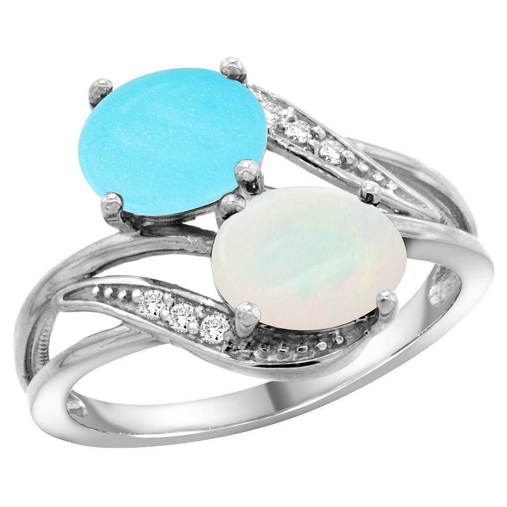 10K WHITE GOLD DIAMOND NATURAL TURQUOISE & OPAL 2-STONE RING OVAL 8X6MM, SIZES 5 - 10
