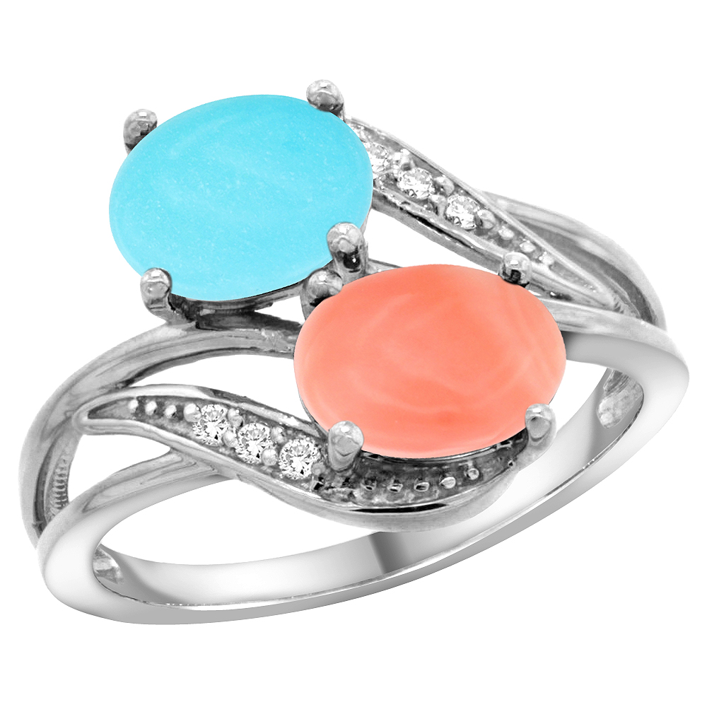 10K White Gold Diamond Natural Turquoise & Coral 2-stone Ring Oval 8x6mm, sizes 5 - 10