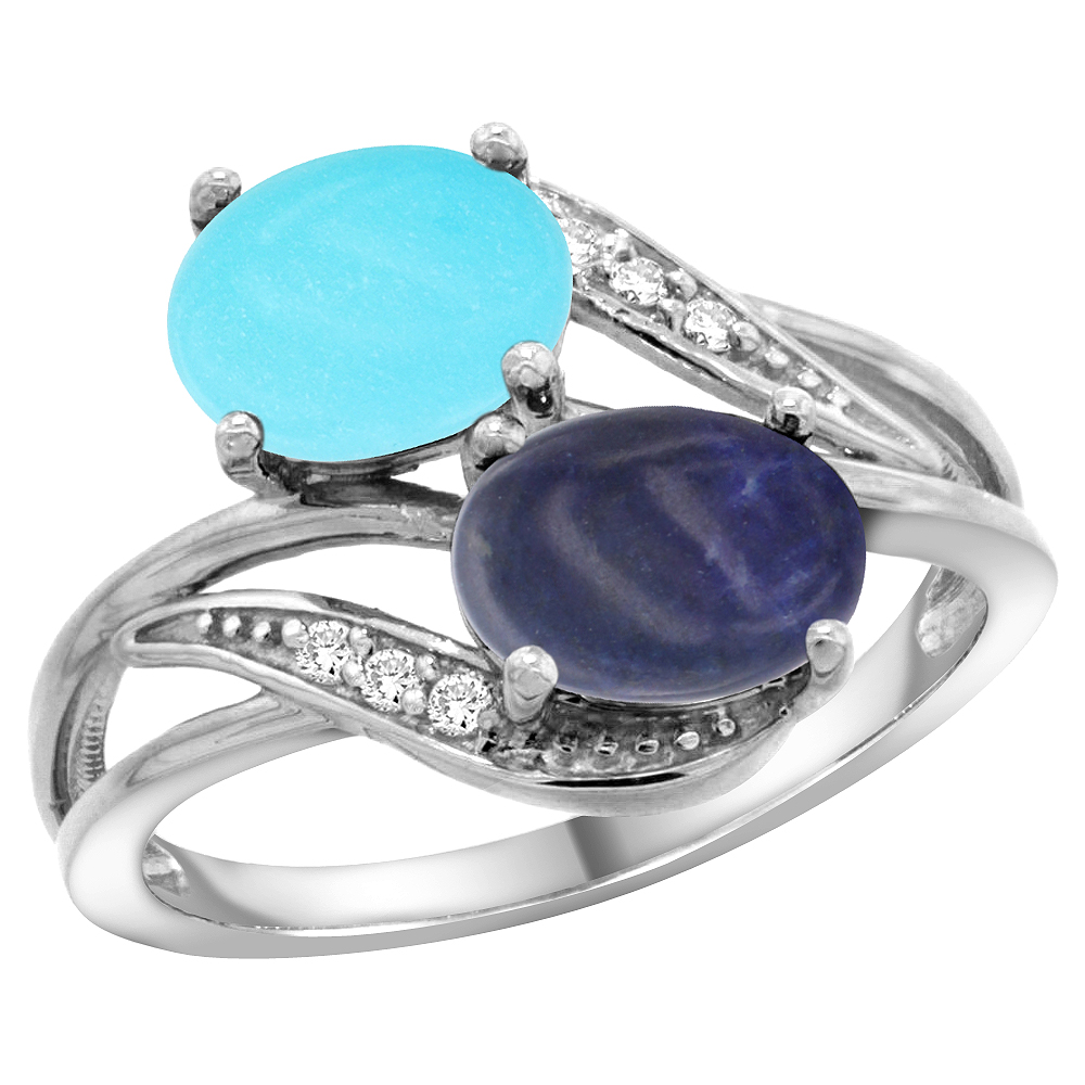 10K White Gold Diamond Natural Turquoise & Lapis 2-stone Ring Oval 8x6mm, sizes 5 - 10