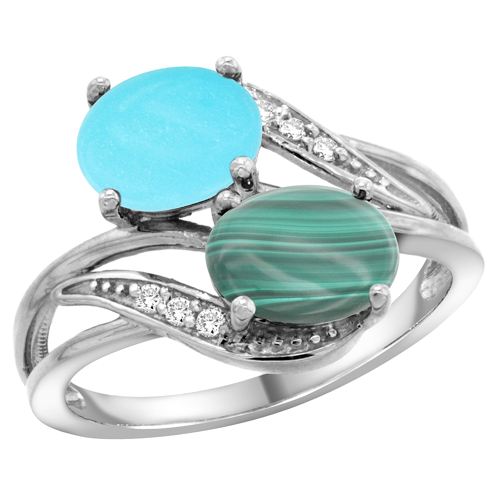 14K White Gold Diamond Natural Turquoise &amp; Malachite 2-stone Ring Oval 8x6mm, sizes 5 - 10