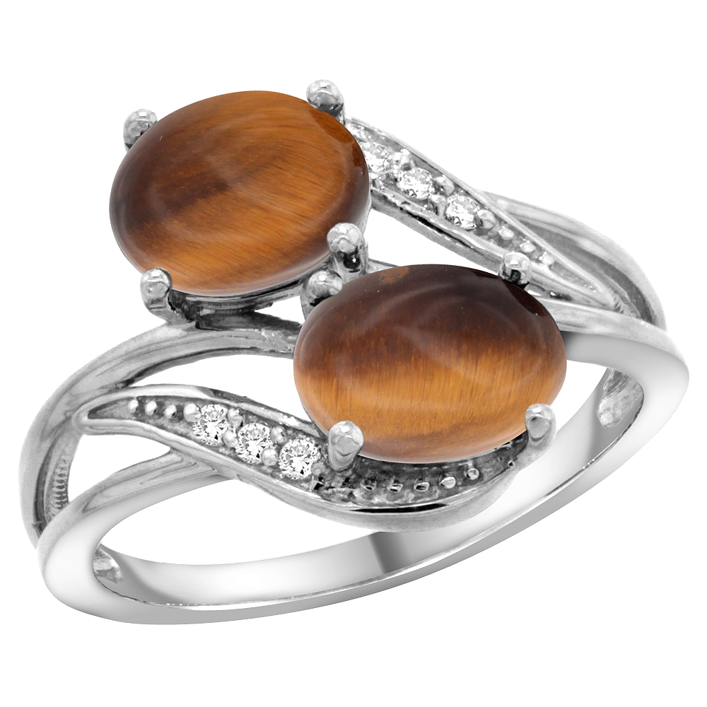14K WHITE GOLD DIAMOND NATURAL TIGER EYE 2-STONE RING OVAL 8X6MM, SIZES 5 - 10