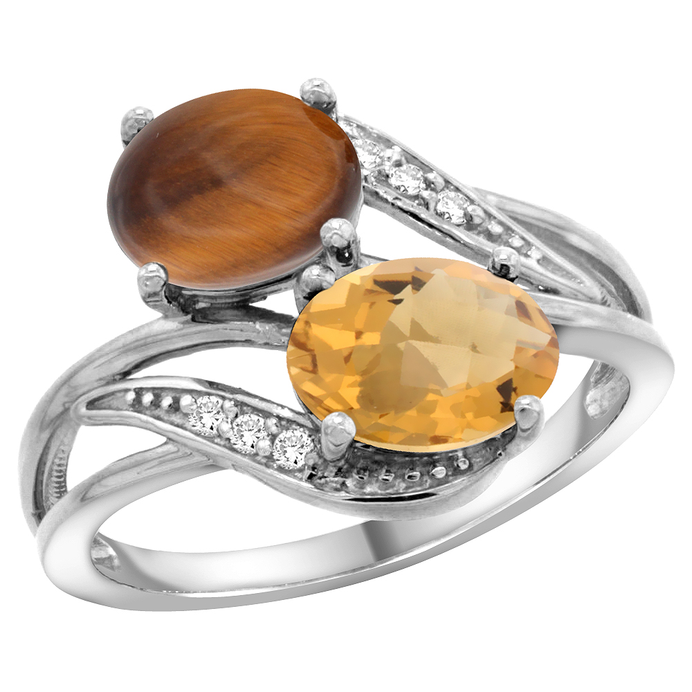 10K White Gold Diamond Natural Tiger Eye &amp; Whisky Quartz 2-stone Ring Oval 8x6mm, sizes 5 - 10