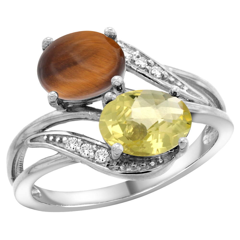 10K White Gold Diamond Natural Tiger Eye & Lemon Quartz 2-stone Ring Oval 8x6mm, sizes 5 - 10