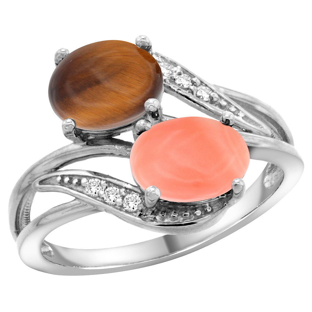 14K WHITE GOLD DIAMOND NATURAL TIGER EYE & CORAL 2-STONE RING OVAL 8X6MM, SIZES 5 - 10