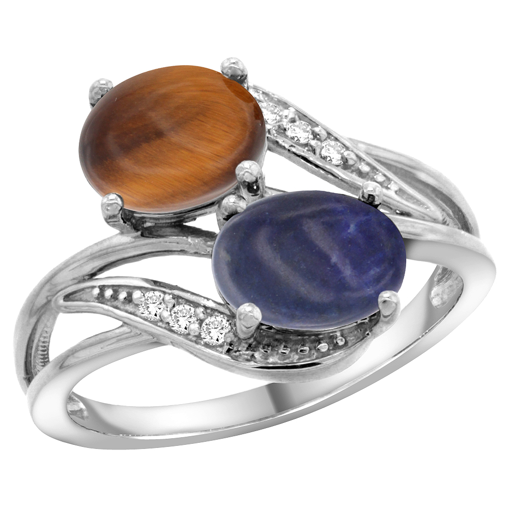 14K WHITE GOLD DIAMOND NATURAL TIGER EYE & LAPIS 2-STONE RING OVAL 8X6MM, SIZES 5 - 10