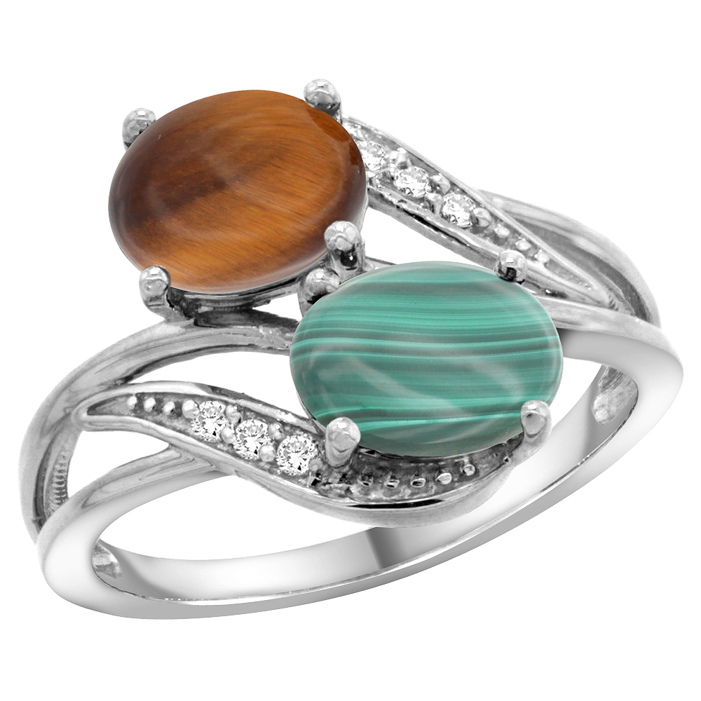 10K White Gold Diamond Natural Tiger Eye & Malachite 2-stone Ring Oval 8x6mm, sizes 5 - 10