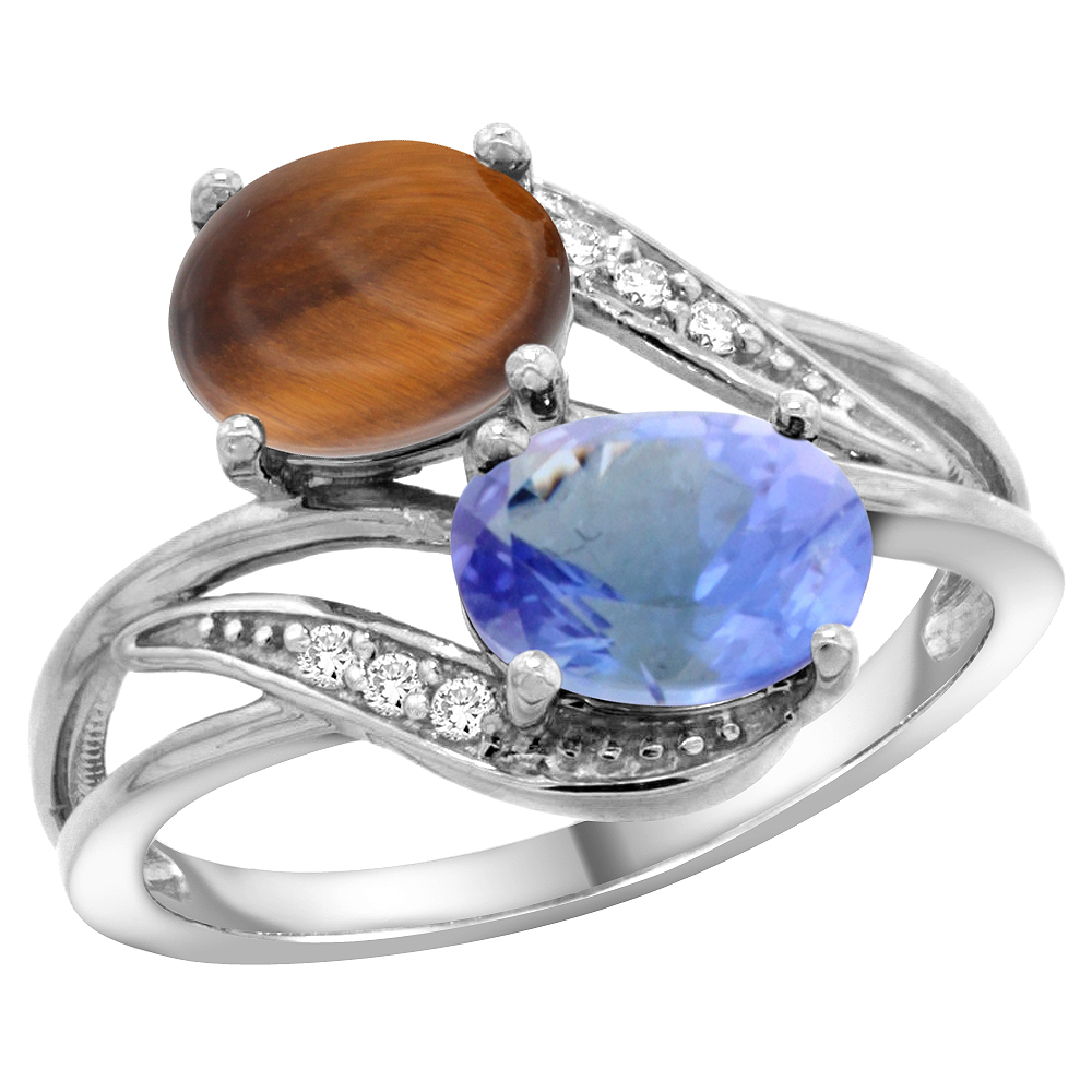 14K WHITE GOLD DIAMOND NATURAL TIGER EYE & TANZANITE 2-STONE RING OVAL 8X6MM, SIZES 5 - 10