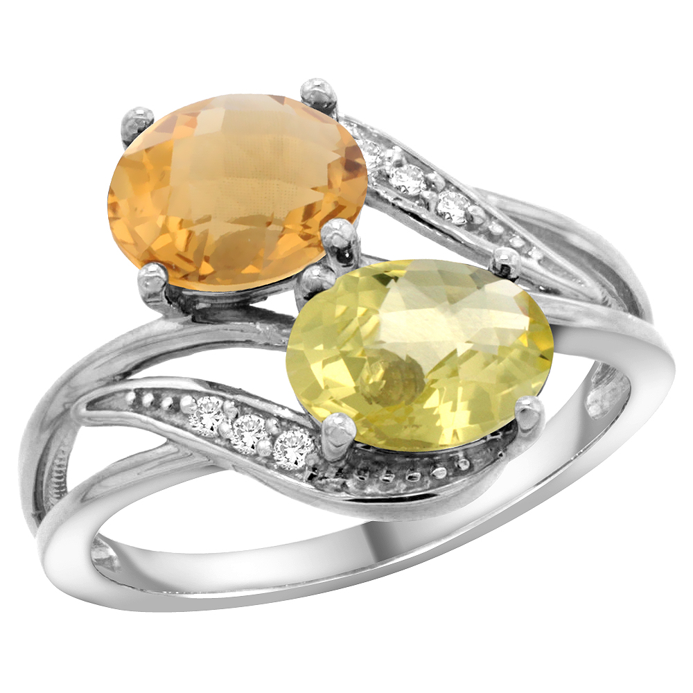 10K White Gold Diamond Natural Whisky Quartz & Lemon Quartz 2-stone Ring Oval 8x6mm, sizes 5 - 10