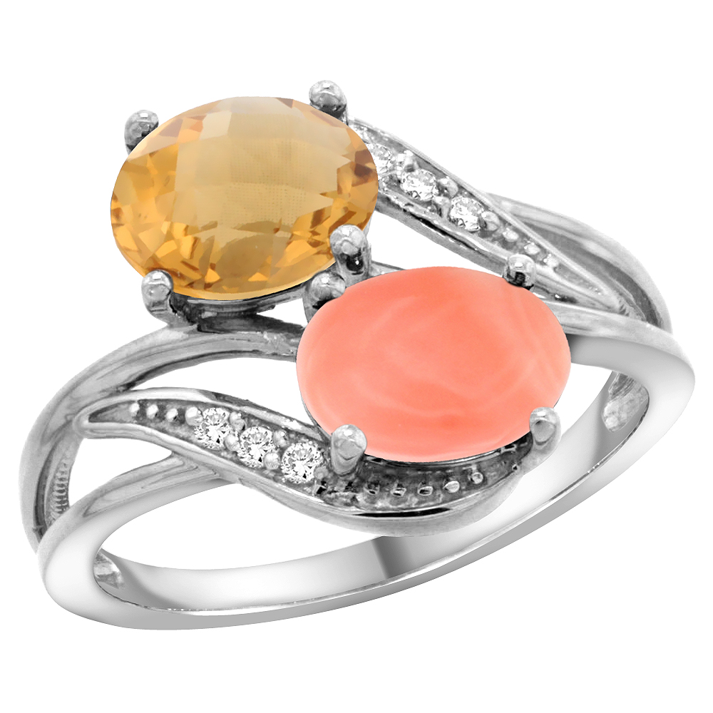 14K WHITE GOLD DIAMOND NATURAL WHISKY QUARTZ & CORAL 2-STONE RING OVAL 8X6MM, SIZES 5 - 10