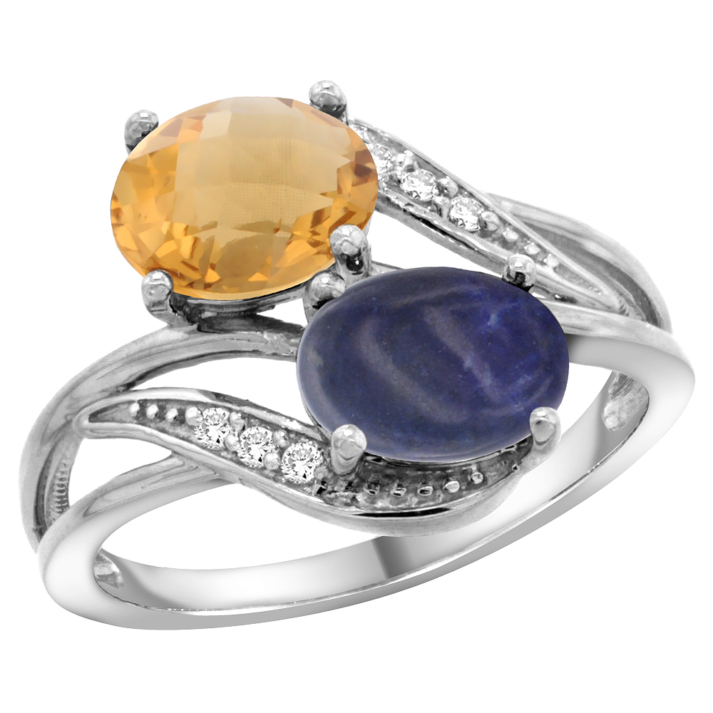 14K WHITE GOLD DIAMOND NATURAL WHISKY QUARTZ & LAPIS 2-STONE RING OVAL 8X6MM, SIZES 5 - 10