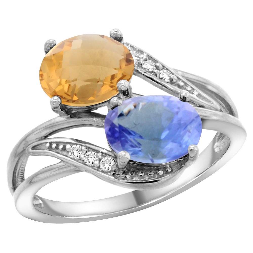 14K WHITE GOLD DIAMOND NATURAL WHISKY QUARTZ & TANZANITE 2-STONE RING OVAL 8X6MM, SIZES 5 - 10