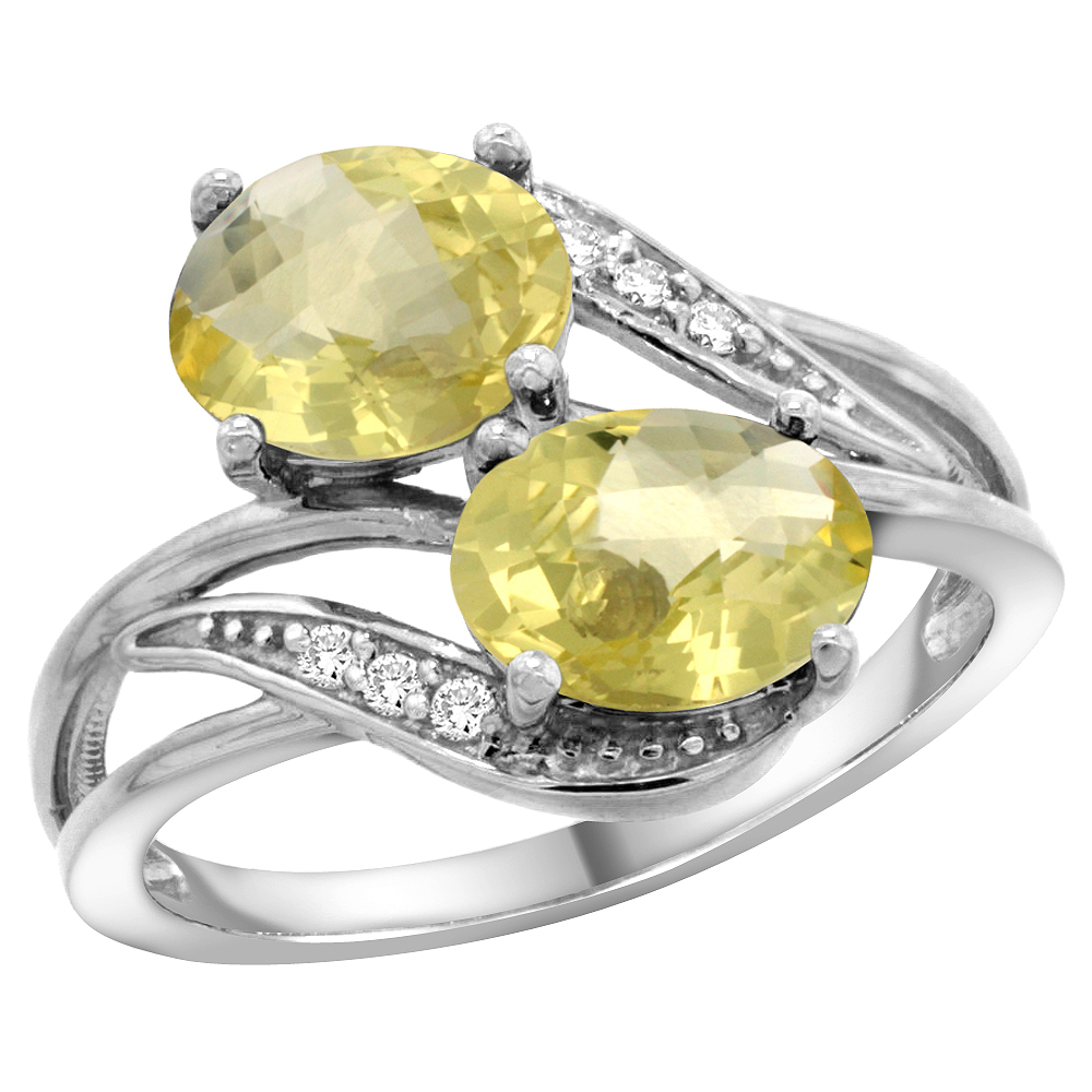 14K WHITE GOLD DIAMOND NATURAL LEMON QUARTZ 2-STONE RING OVAL 8X6MM, SIZES 5 - 10