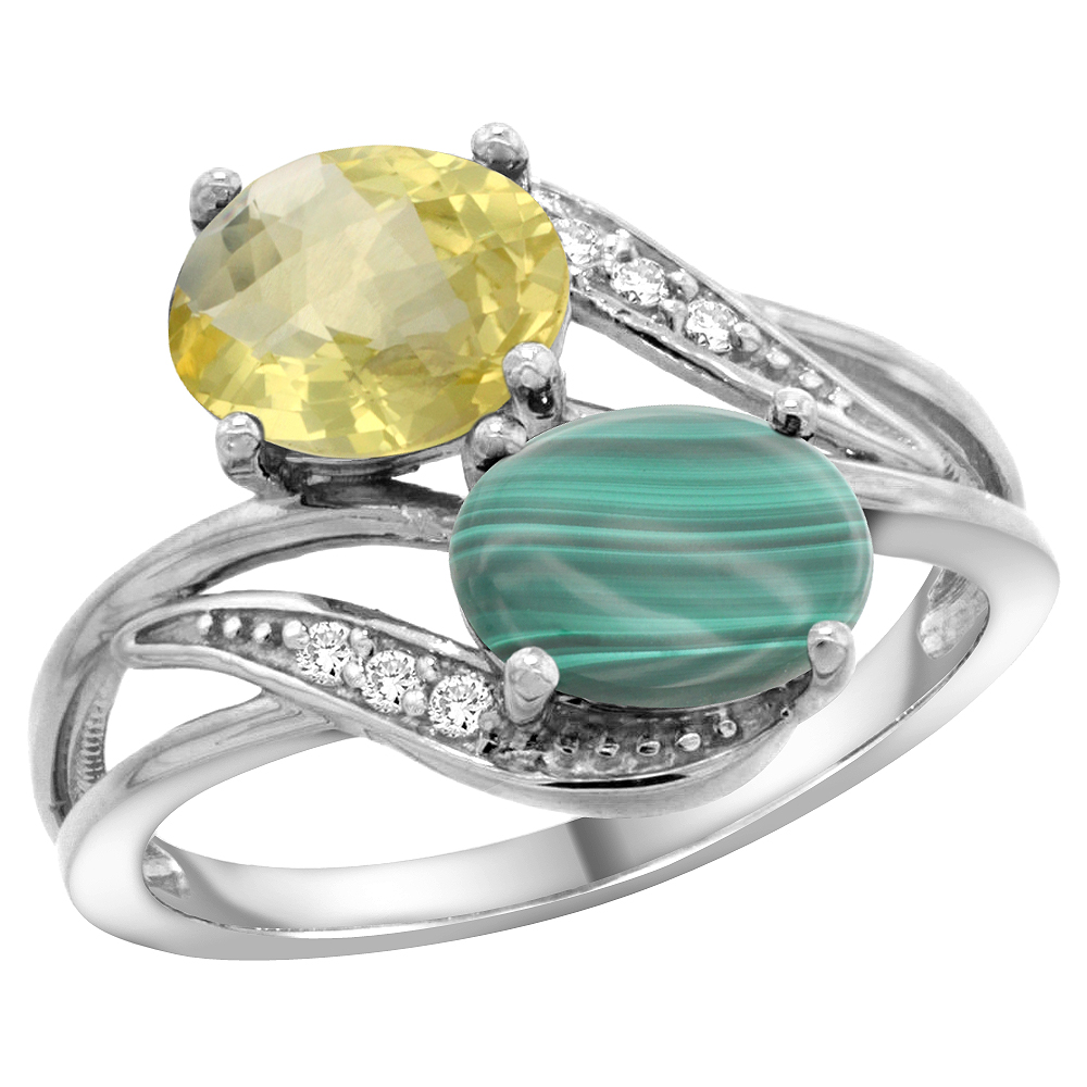 14K WHITE GOLD DIAMOND NATURAL LEMON QUARTZ & MALACHITE 2-STONE RING OVAL 8X6MM, SIZES 5 - 10