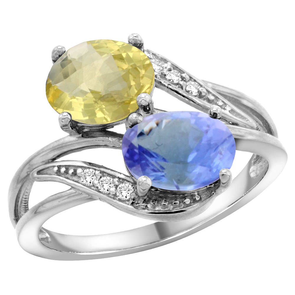 14K WHITE GOLD DIAMOND NATURAL LEMON QUARTZ & TANZANITE 2-STONE RING OVAL 8X6MM, SIZES 5 - 10
