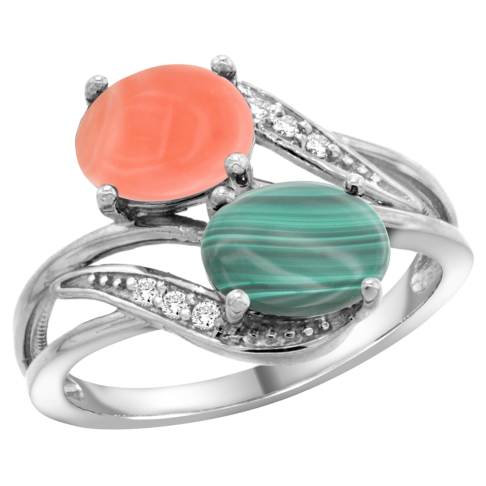 14K WHITE GOLD DIAMOND NATURAL CORAL & MALACHITE 2-STONE RING OVAL 8X6MM, SIZES 5 - 10