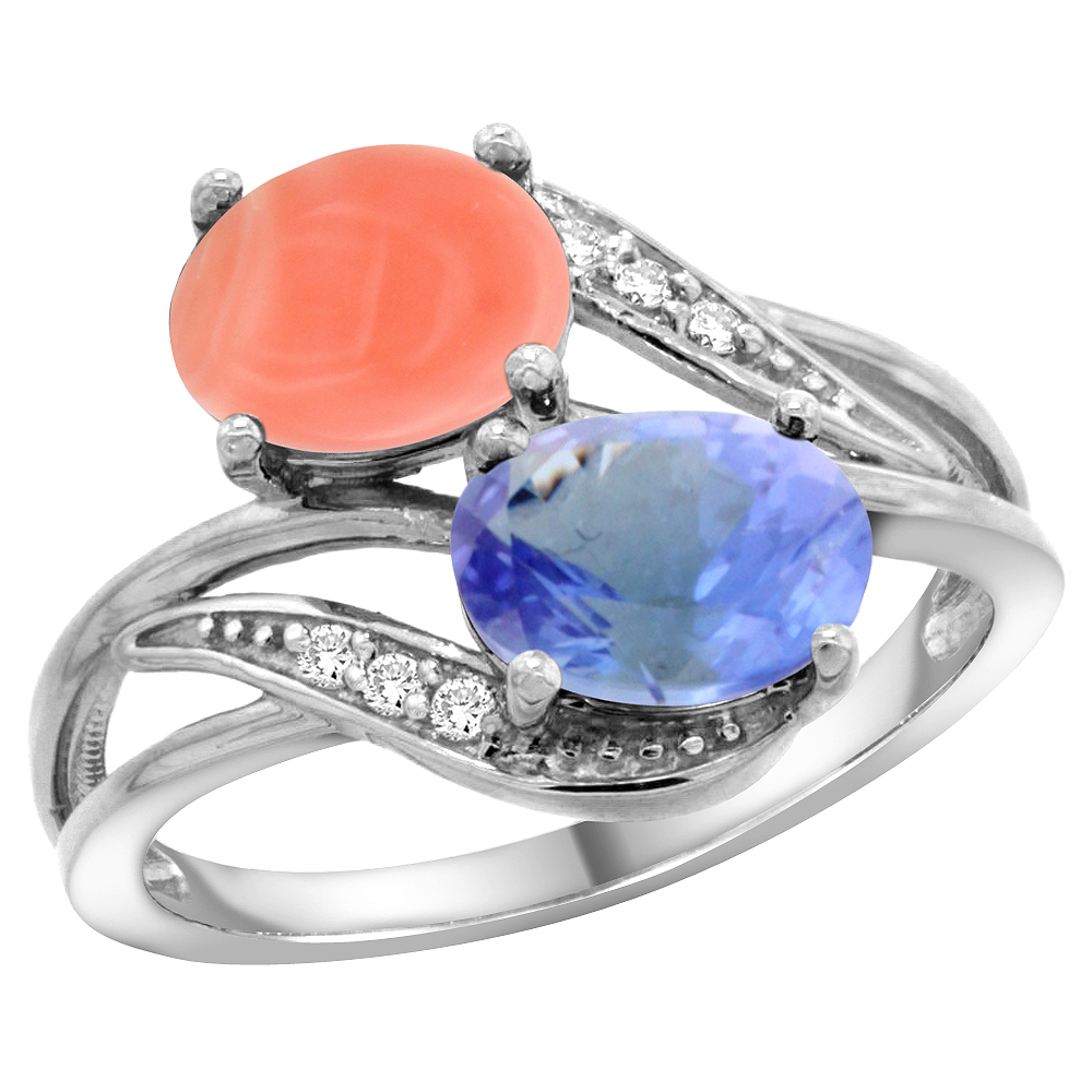 14K WHITE GOLD DIAMOND NATURAL CORAL & TANZANITE 2-STONE RING OVAL 8X6MM, SIZES 5 - 10