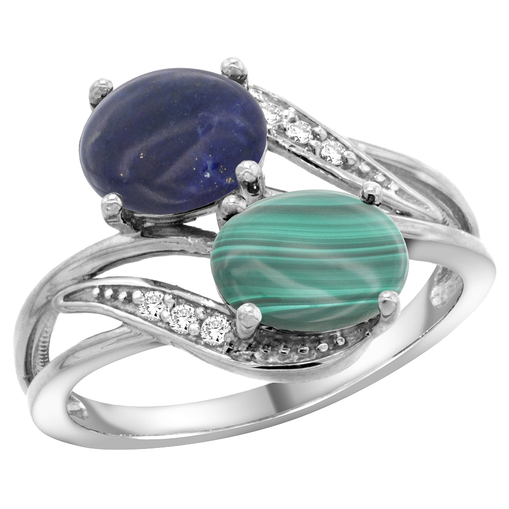14K WHITE GOLD DIAMOND NATURAL LAPIS & MALACHITE 2-STONE RING OVAL 8X6MM, SIZES 5 - 10