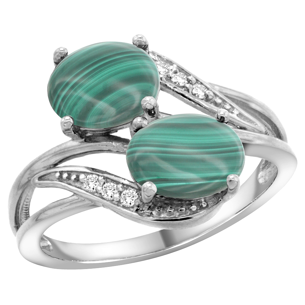 14K WHITE GOLD DIAMOND NATURAL MALACHITE 2-STONE RING OVAL 8X6MM, SIZES 5 - 10
