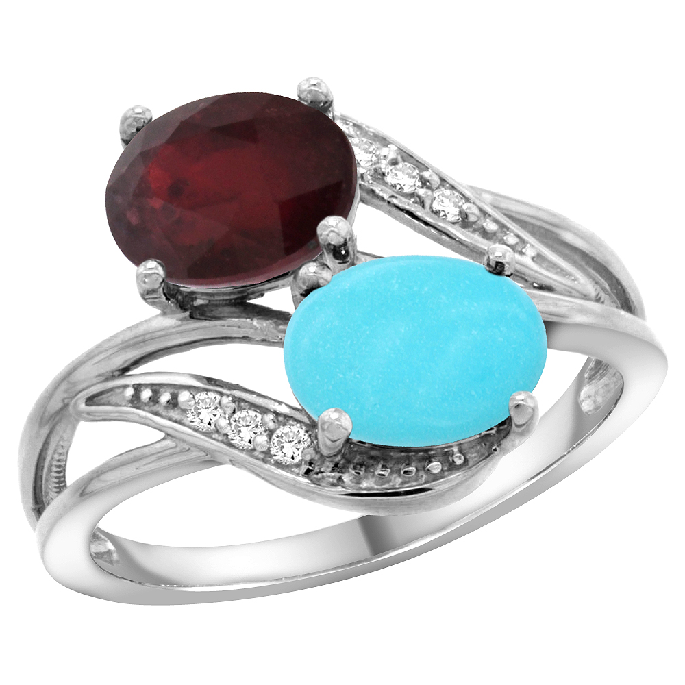 14K WHITE GOLD DIAMOND NATURAL QUALITY RUBY & TURQUOISE 2-STONE MOTHERS RING OVAL 8X6MM, SIZE 5 - 10
