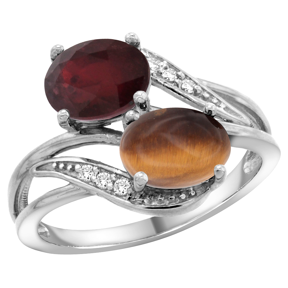 14K WHITE GOLD DIAMOND NATURAL QUALITY RUBY & TIGER EYE 2-STONE MOTHERS RING OVAL 8X6MM, SIZE 5 - 10