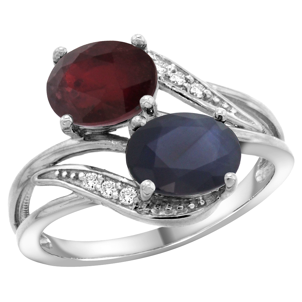 14K WHITE GOLD DIAMOND NATURAL QUALITY RUBY &AUSTRALIAN SAPPHIRE 2-STONE MOTHERS RING OVAL 8X6MM,SZ5 - 10