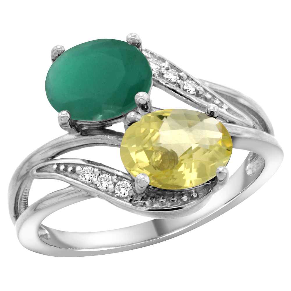 14K WHITE GOLD DIAMOND NATURAL QUALITY EMERALD & LEMON QUARTZ 2-STONE MOTHERS RING OVAL 8X6MM, SIZE5 - 10