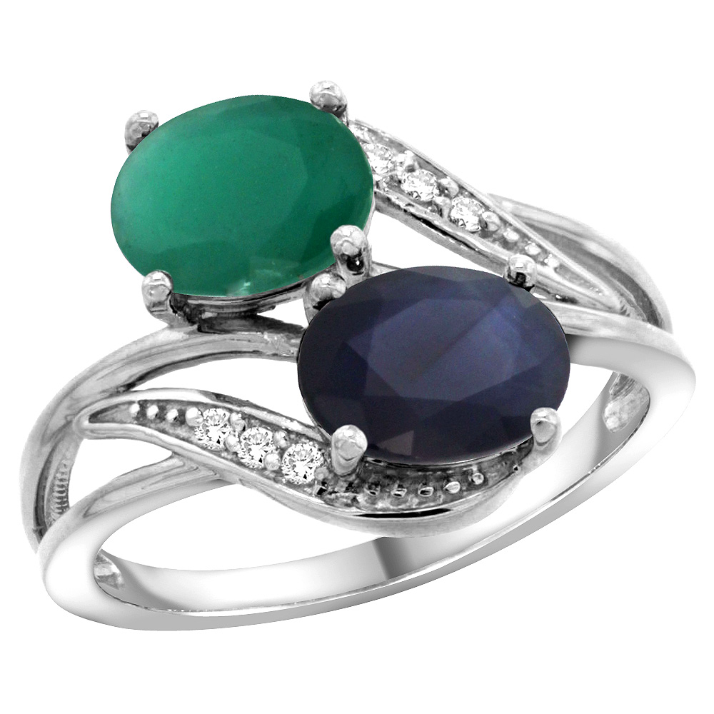 14K WHITE GOLD DIAMOND NATURAL QUALITY EMERALD & AUSTRALIAN SAPPHIRE 2-STONE RING OVAL 8X6MM,SIZE5-10