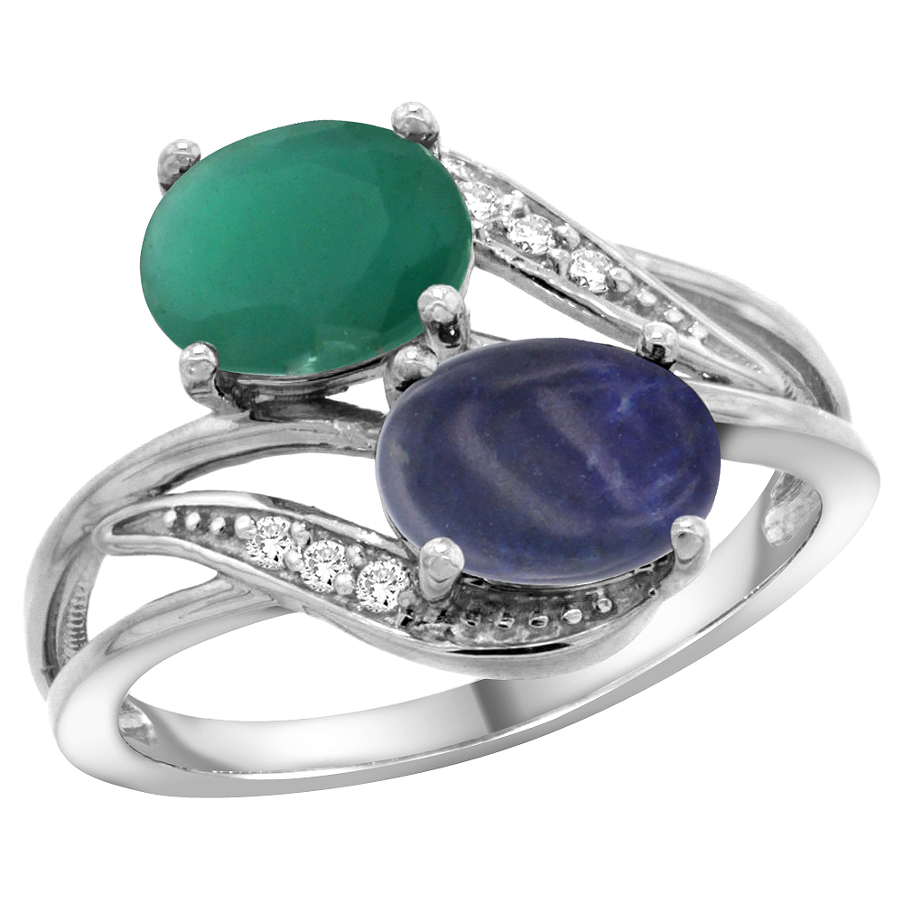 14K WHITE GOLD DIAMOND NATURAL QUALITY EMERALD & LAPIS 2-STONE MOTHERS RING OVAL 8X6MM, SIZE 5 - 10