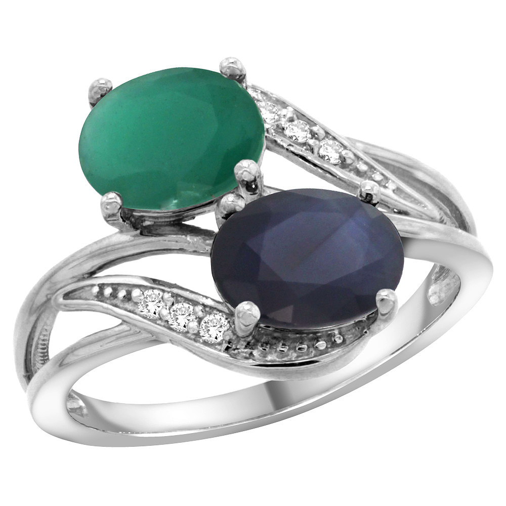 14K WHITE GOLD DIAMOND NATURAL QUALITY EMERALD & BLUE SAPPHIRE 2-STONE MOTHERS RING OVAL 8X6MM, SZ 5 - 10