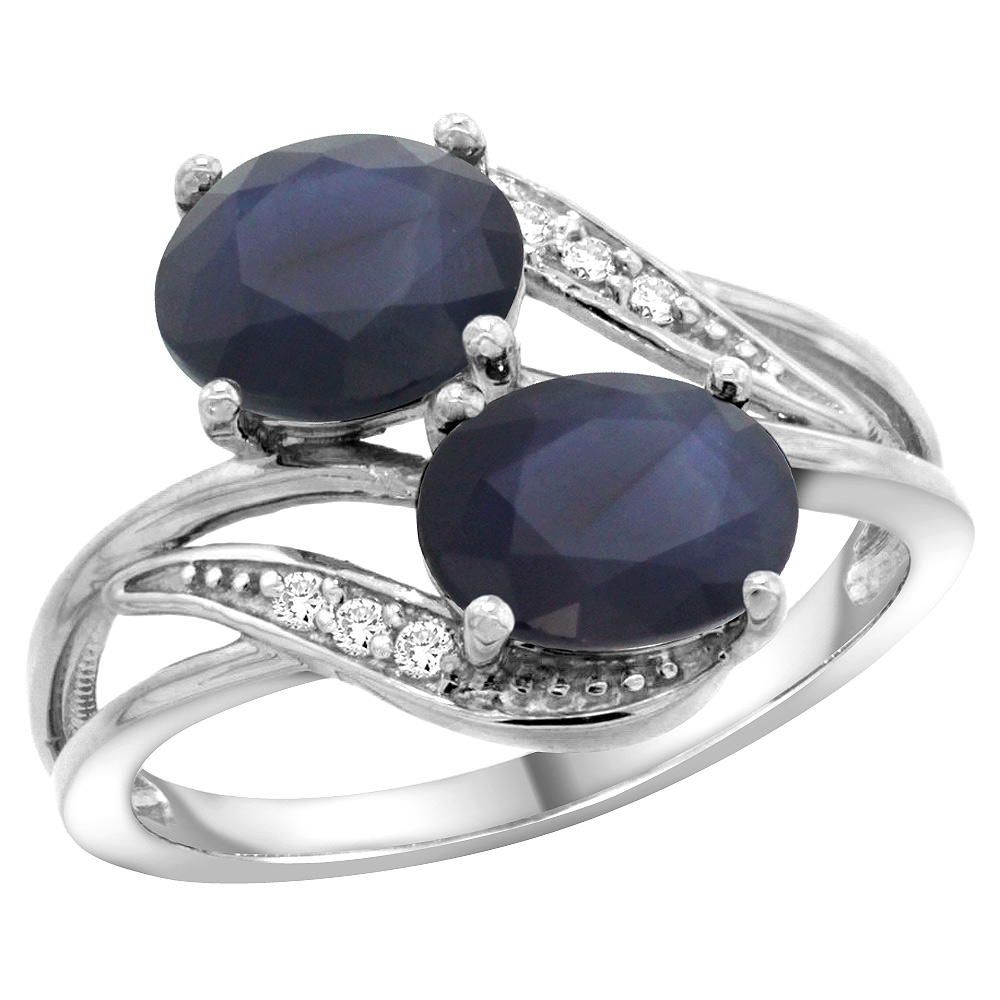 14K WHITE GOLD DIAMOND NATURAL QUALITY BLUE SAPPHIRE & AUSTRALIAN SAPPHIRE 2-STONE RING OVAL 8X6MM,SZ5-10