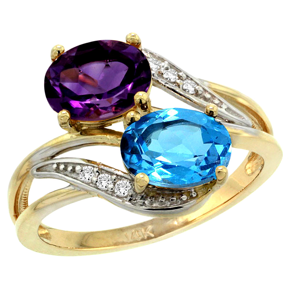 14K Yellow Gold Diamond Natural Amethyst & Swiss Blue Topaz 2-stone Ring Oval 8x6mm, sizes 5 - 10