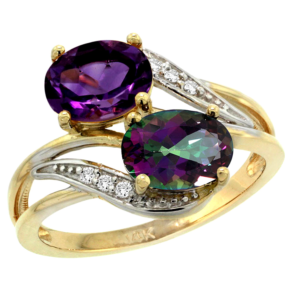 14K YELLOW GOLD DIAMOND NATURAL AMETHYST & MYSTIC TOPAZ 2-STONE RING OVAL 8X6MM, SIZES 5 - 10