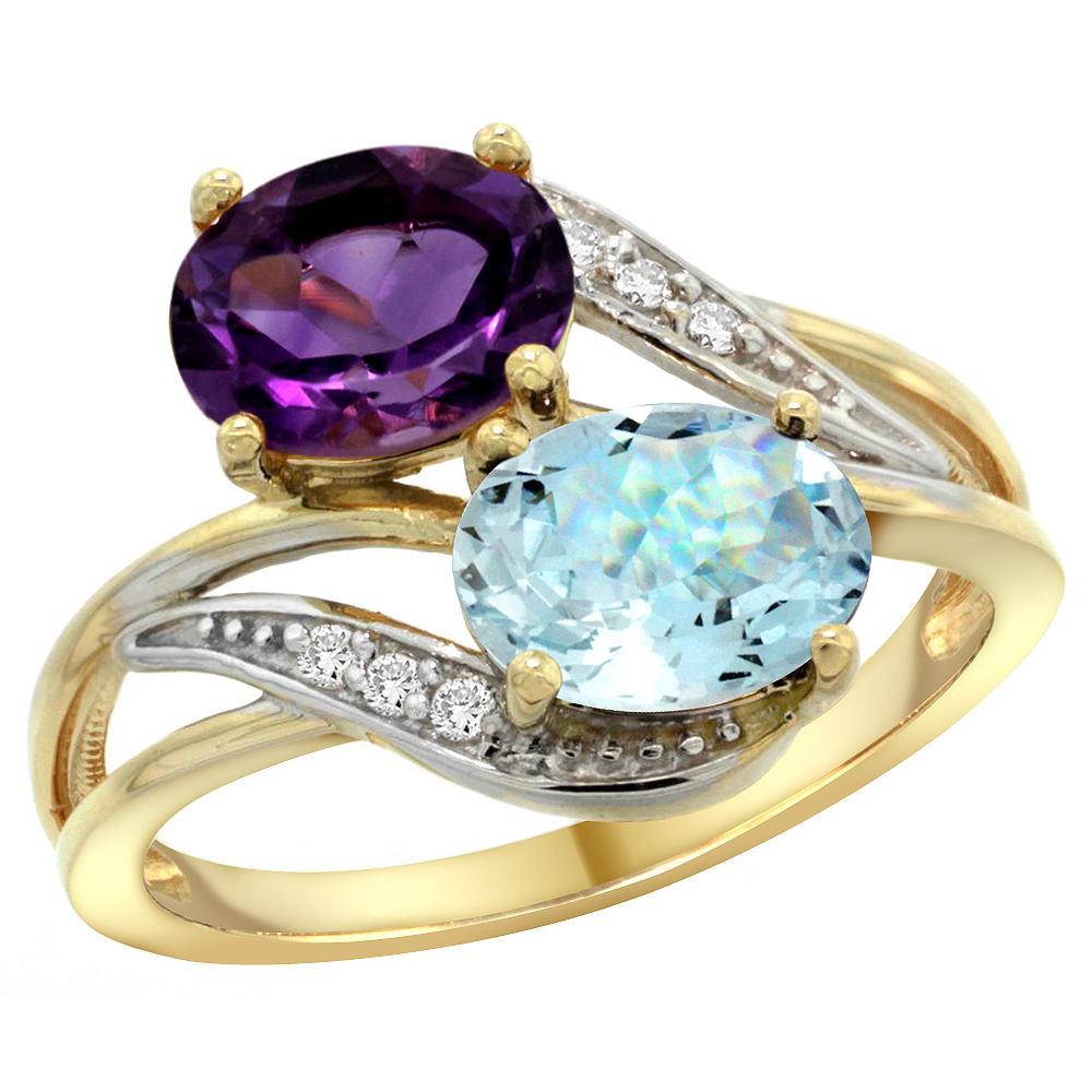 14K Yellow Gold Diamond Natural Amethyst & Aquamarine 2-stone Ring Oval 8x6mm, sizes 5 - 10