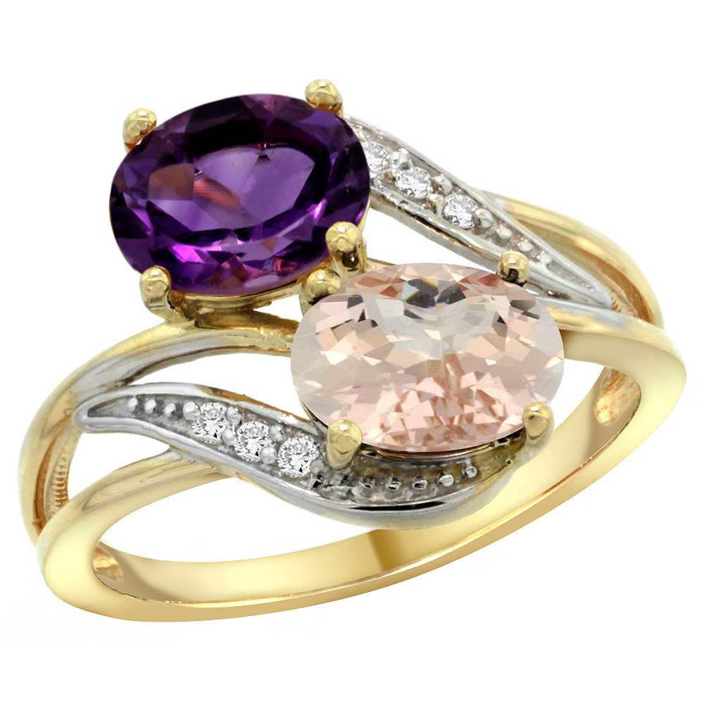14K YELLOW GOLD DIAMOND NATURAL AMETHYST & MORGANITE 2-STONE RING OVAL 8X6MM, SIZES 5 - 10