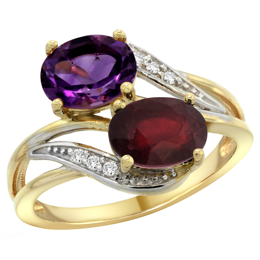 14K YELLOW GOLD DIAMOND NATURAL AMETHYST & ENHANCED RUBY 2-STONE RING OVAL 8X6MM, SIZES 5 - 10