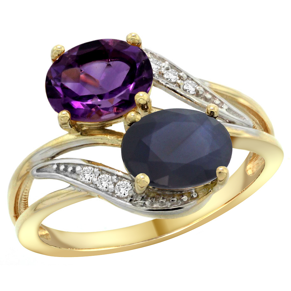 10K Yellow Gold Diamond Natural Amethyst & Blue Sapphire 2-stone Ring Oval 8x6mm, sizes 5 - 10