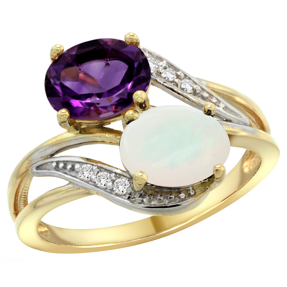 10K Yellow Gold Diamond Natural Amethyst & Opal 2-stone Ring Oval 8x6mm, sizes 5 - 10