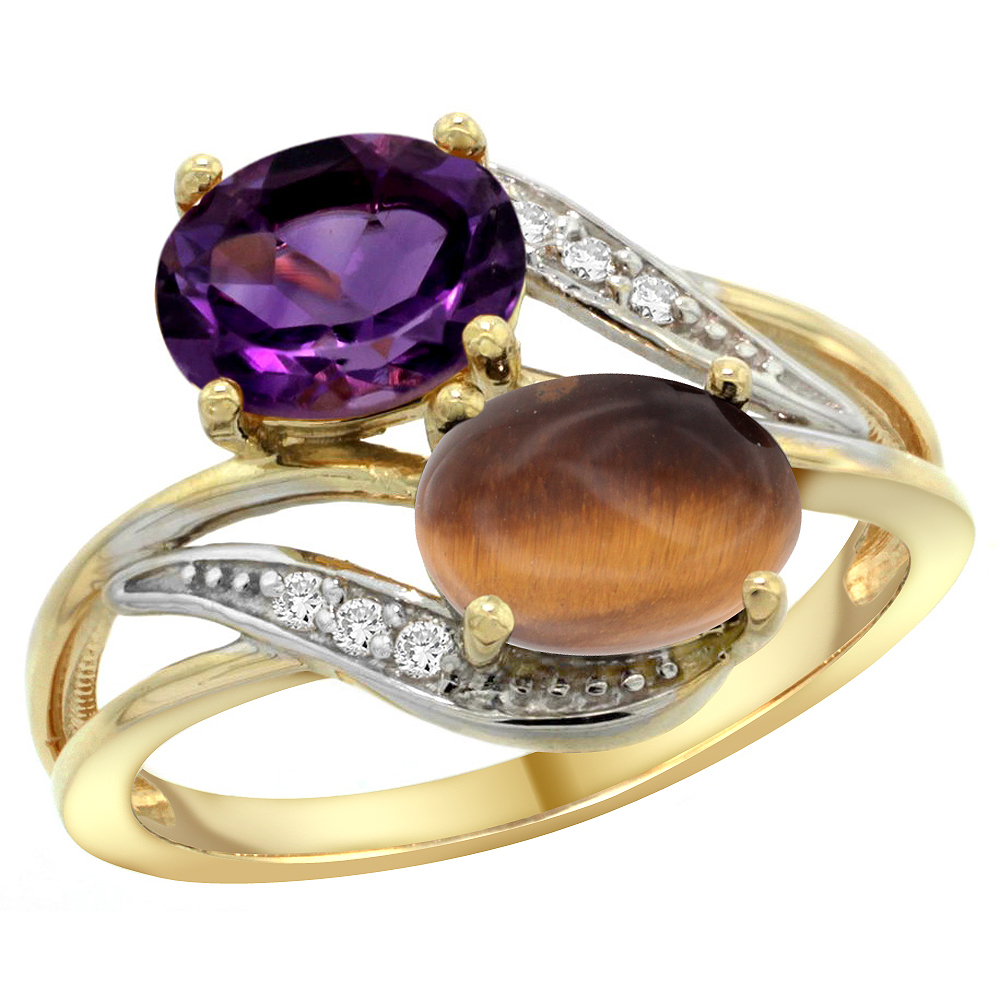 14K YELLOW GOLD DIAMOND NATURAL AMETHYST & TIGER EYE 2-STONE RING OVAL 8X6MM, SIZES 5 - 10
