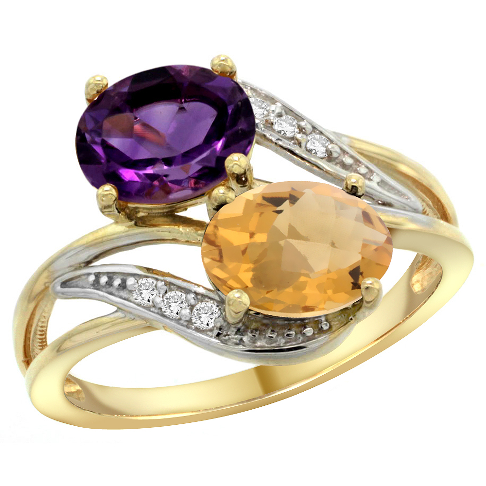 14K Yellow Gold Diamond Natural Amethyst & Whisky Quartz 2-stone Ring Oval 8x6mm, sizes 5 - 10