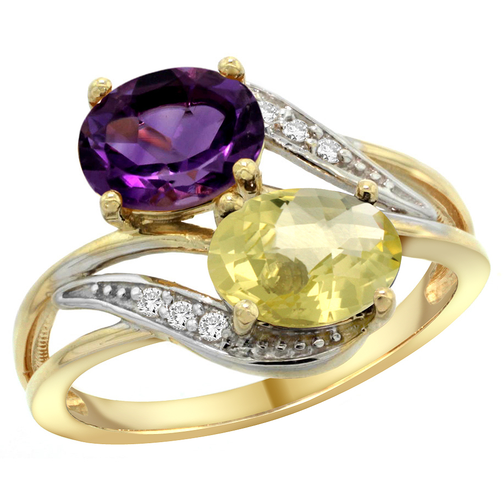 10K Yellow Gold Diamond Natural Amethyst &amp; Lemon Quartz 2-stone Ring Oval 8x6mm, sizes 5 - 10