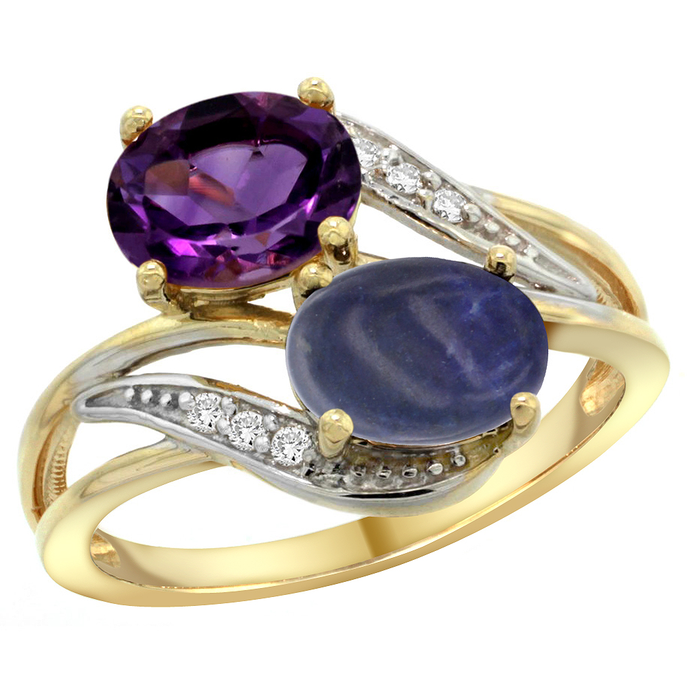 10K Yellow Gold Diamond Natural Amethyst & Lapis 2-stone Ring Oval 8x6mm, sizes 5 - 10