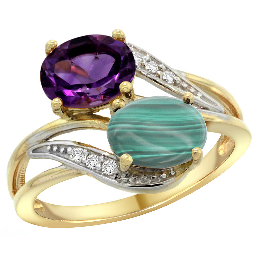 10K Yellow Gold Diamond Natural Amethyst &amp; Malachite 2-stone Ring Oval 8x6mm, sizes 5 - 10