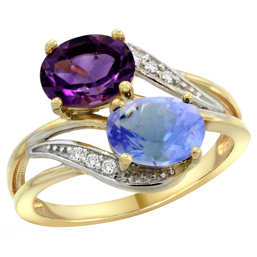 14K Yellow Gold Diamond Natural Amethyst & Tanzanite 2-stone Ring Oval 8x6mm, sizes 5 - 10