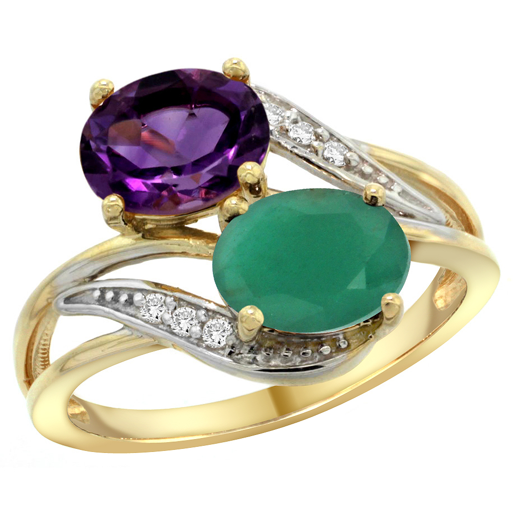 14K YELLOW GOLD DIAMOND NATURAL AMETHYST & QUALITY EMERALD 2-STONE MOTHERS RING OVAL 8X6MM, SIZE 5 - 10