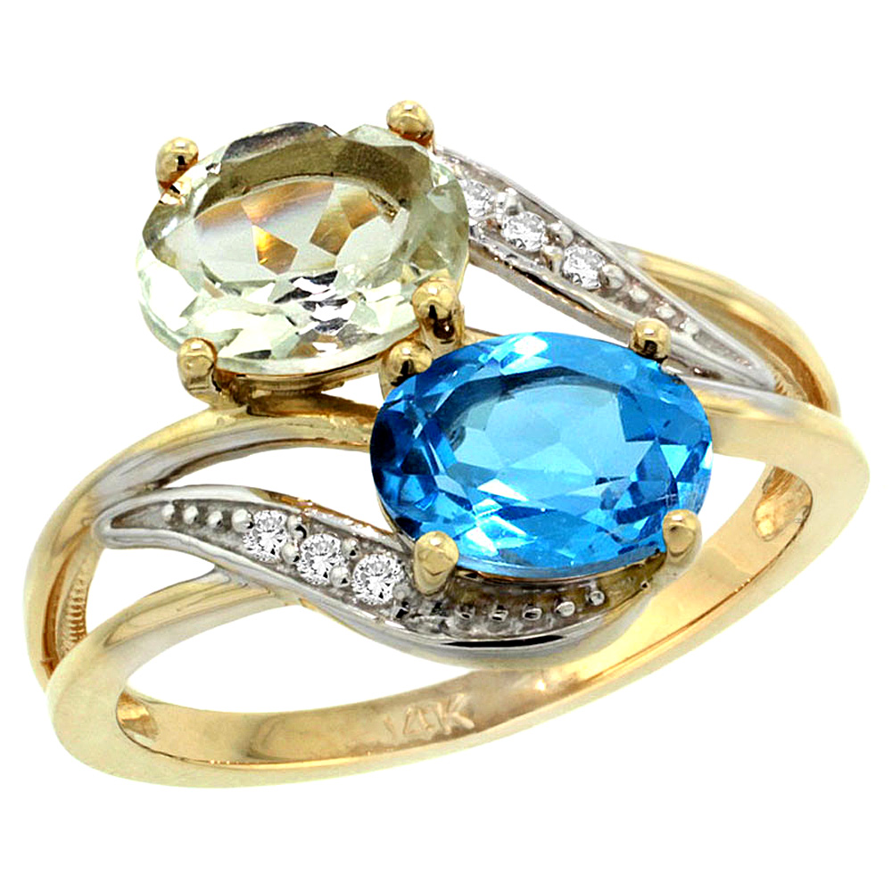 14K YELLOW GOLD DIAMOND NATURAL GREEN AMETHYST & SWISS BLUE TOPAZ 2-STONE RING OVAL 8X6MM, SIZES 5 - 10