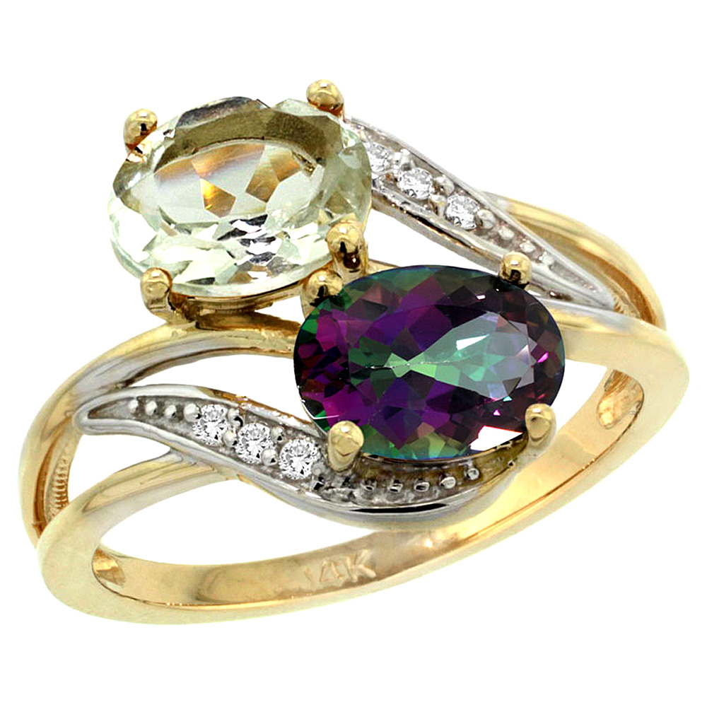 14K YELLOW GOLD DIAMOND NATURAL GREEN AMETHYST & MYSTIC TOPAZ 2-STONE RING OVAL 8X6MM, SIZES 5 - 10