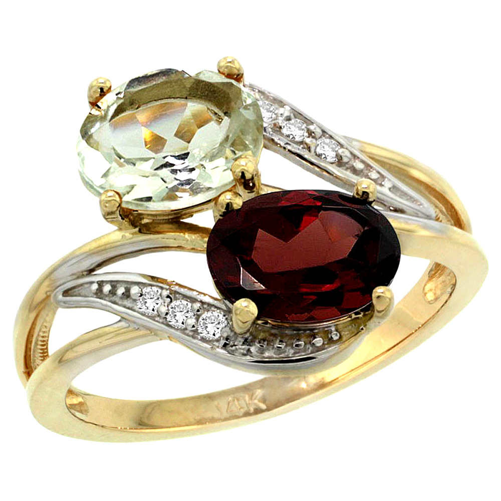 14K YELLOW GOLD DIAMOND NATURAL GREEN AMETHYST & GARNET 2-STONE RING OVAL 8X6MM, SIZES 5 - 10