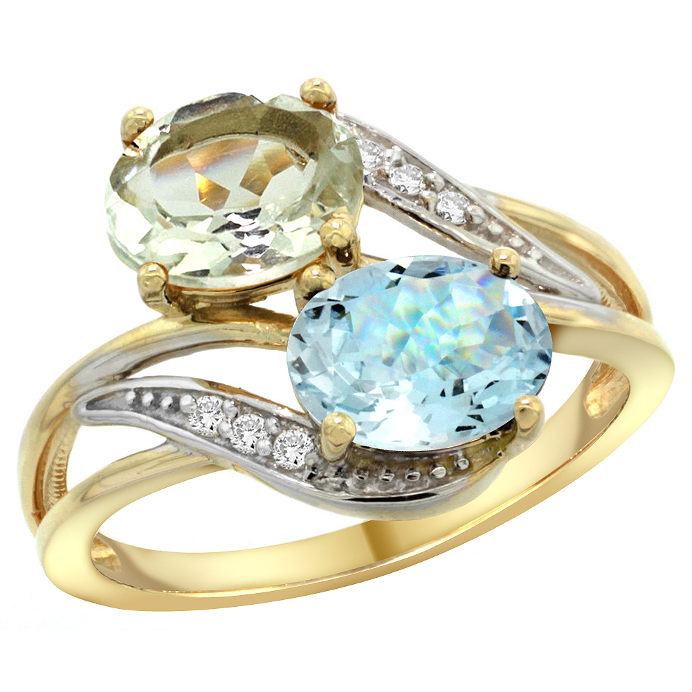 10K Yellow Gold Diamond Natural Green Amethyst &amp; Aquamarine 2-stone Ring Oval 8x6mm, sizes 5 - 10