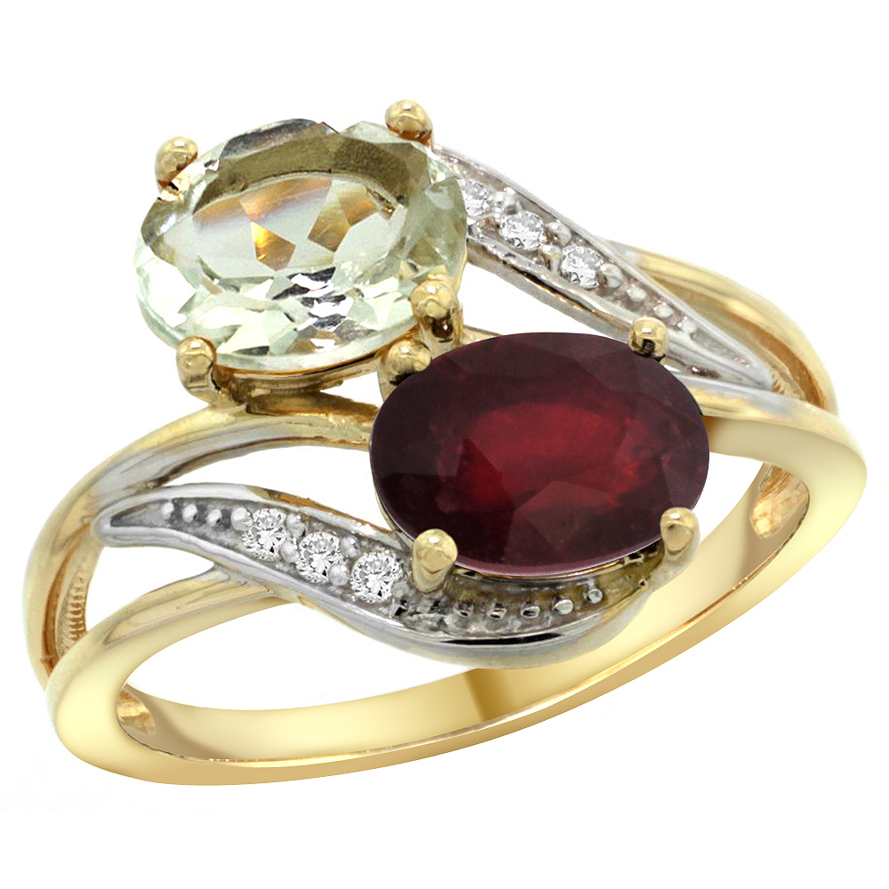 14K YELLOW GOLD DIAMOND NATURAL GREEN AMETHYST & ENHANCED RUBY 2-STONE RING OVAL 8X6MM, SIZES 5 - 10
