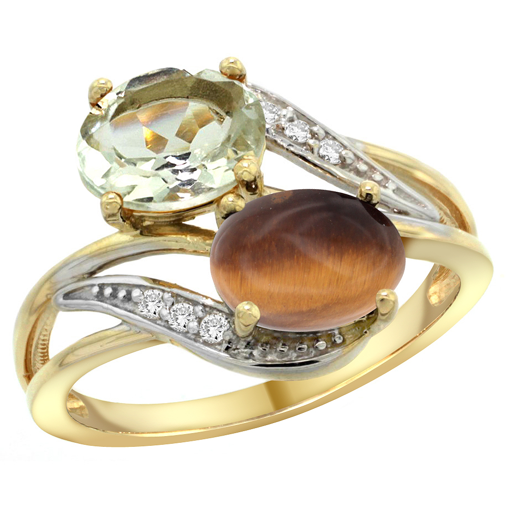 14K YELLOW GOLD DIAMOND NATURAL GREEN AMETHYST & TIGER EYE 2-STONE RING OVAL 8X6MM, SIZES 5 - 10